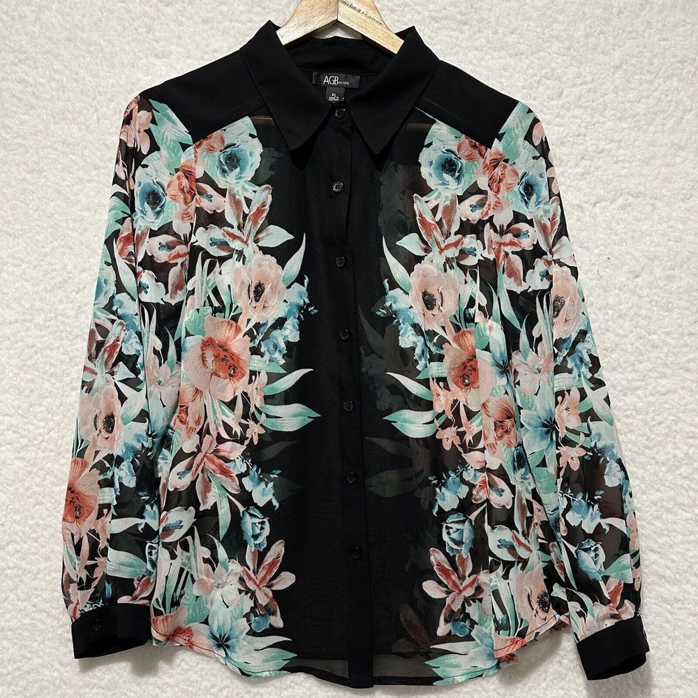 AGB PETITE Women's Multicolor Print Sheer Button Down Shirt Blouse Size PL‎